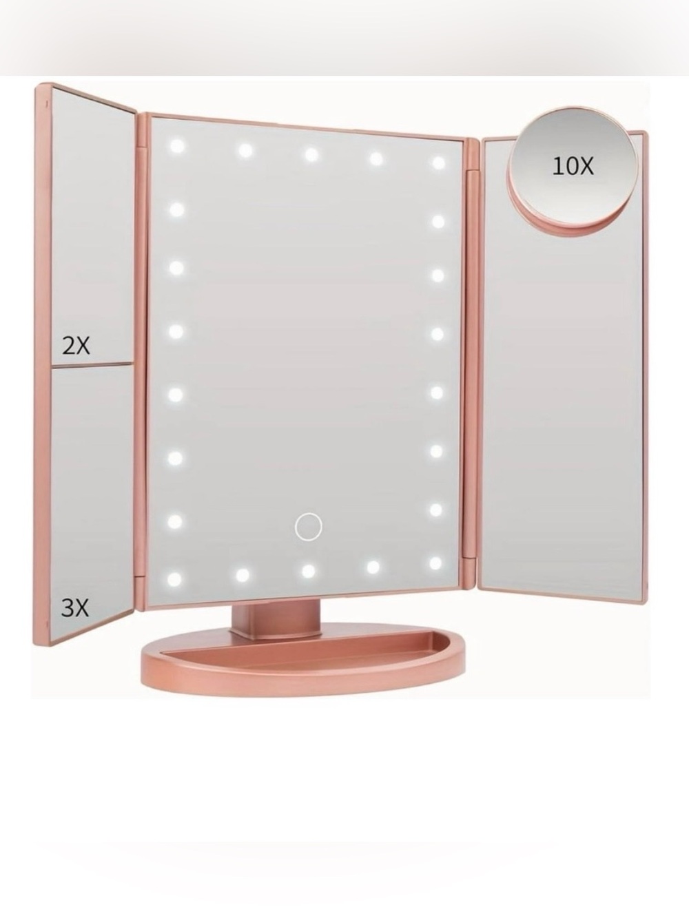 Tri-Fold Lighted Vanity Mirror in Rose Gold with 10X Magnifier
